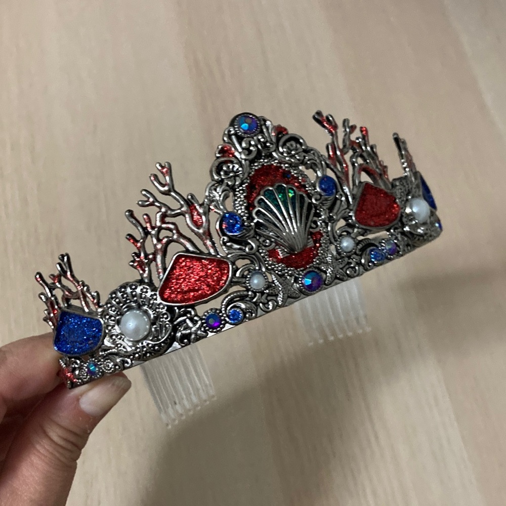 Disney Silver Metal Arial Mermaid Tiara with Red and Blue Accents, Sea Ocean